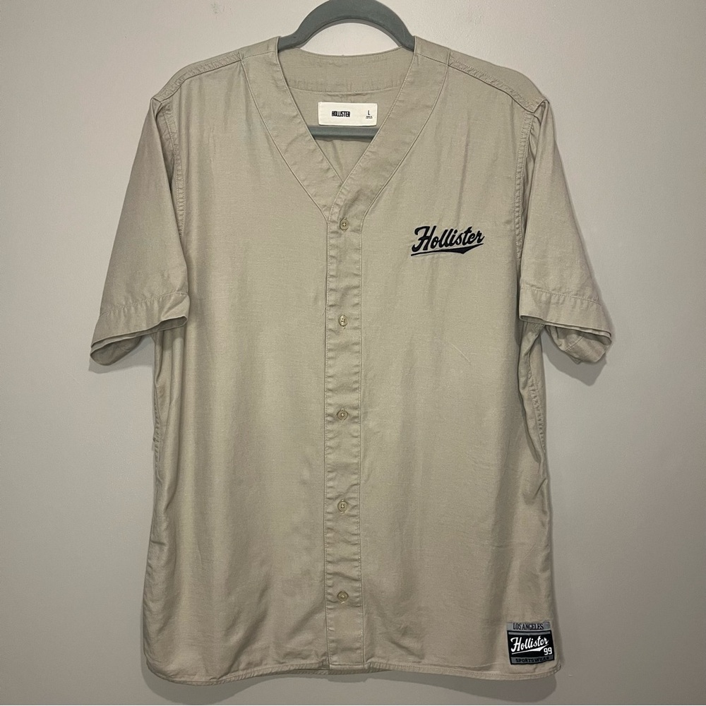 Hollister Large mens button up LA Los Angeles baseball sportswear retro tee tan